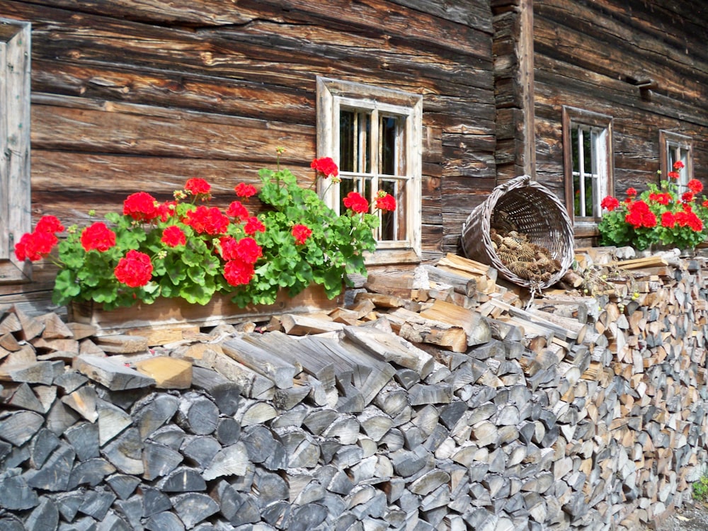 a stone wall with flowers and a basket on it