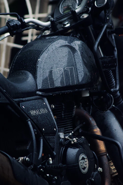 Close-up detail of an adventure motorcycle used for Himalayan touring
