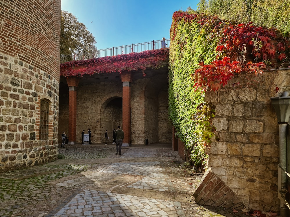a stone walkway with a brick archway
