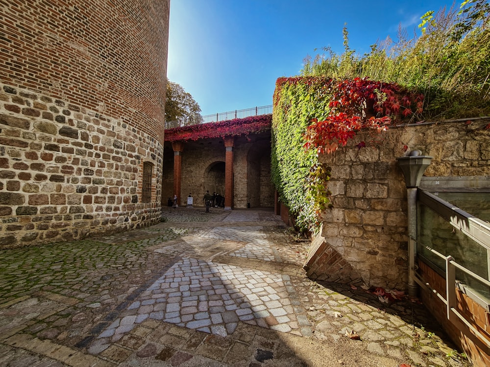 a stone walkway with brick walls and plants on either side of it