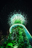An illuminated structure resembling a futuristic tree with lush greenery and a canopy glowing in various shades of green and blue. The intricate design featuring a network of branches is set against a dark night sky, with small lights scattered around.