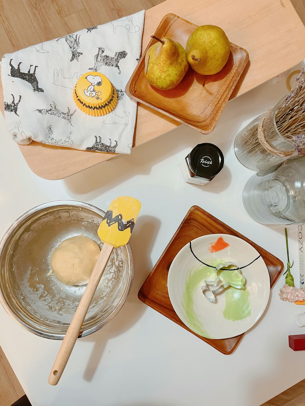 a table with bowls and food