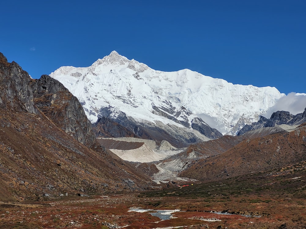 a snowy mountain with a river running through it