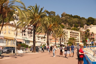 a group of people walking on a street with palm trees and buildings