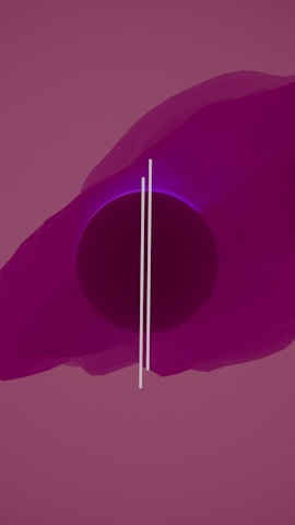 A minimalistic abstract composition featuring a large, dark circle at the center, partially overlapped by two thin vertical lines. The background is dominated by gradient shades of purple and pink, with some translucent layers adding depth.