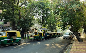 A tree-lined street features several green and yellow auto rickshaws parked alongside the curb. A couple of pedestrians walk nearby, while sunlight filters through the leaves, casting dappled shadows on the road. A white car is also parked further down the street.