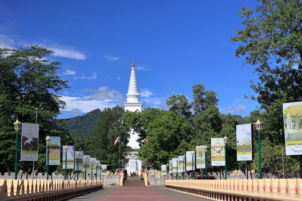 a road with trees and a tower in the background