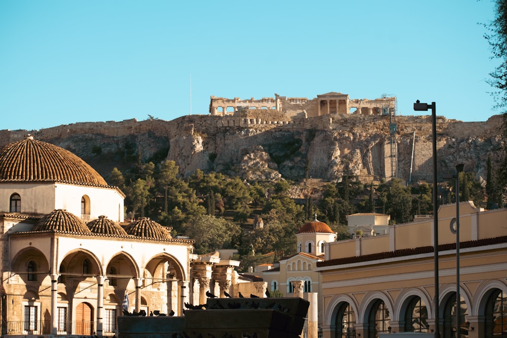 a hillside with buildings and trees