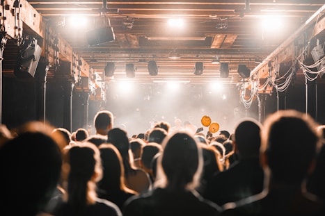 a crowd of people in a room with a stage and a stage