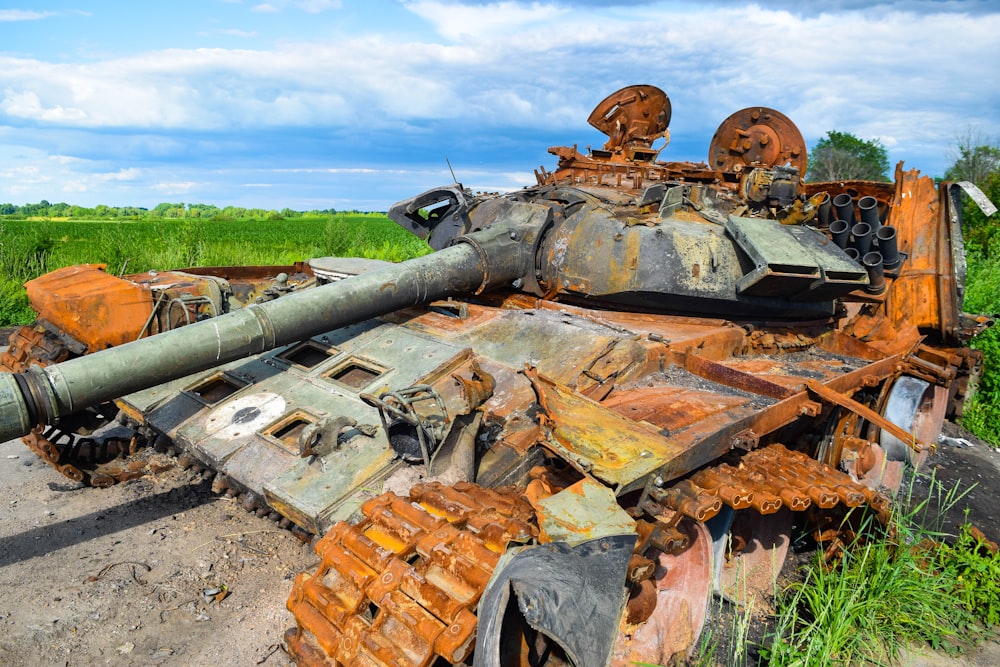 a tank with a pile of wood