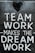 The image features the motivational phrase 'Team Work Makes The Dream Work' written in bold, white capital letters on a textured, dark background. A heart shape is positioned above the text, adding a positive and encouraging element.
