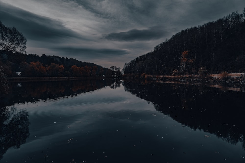 a lake with trees and a cloudy sky