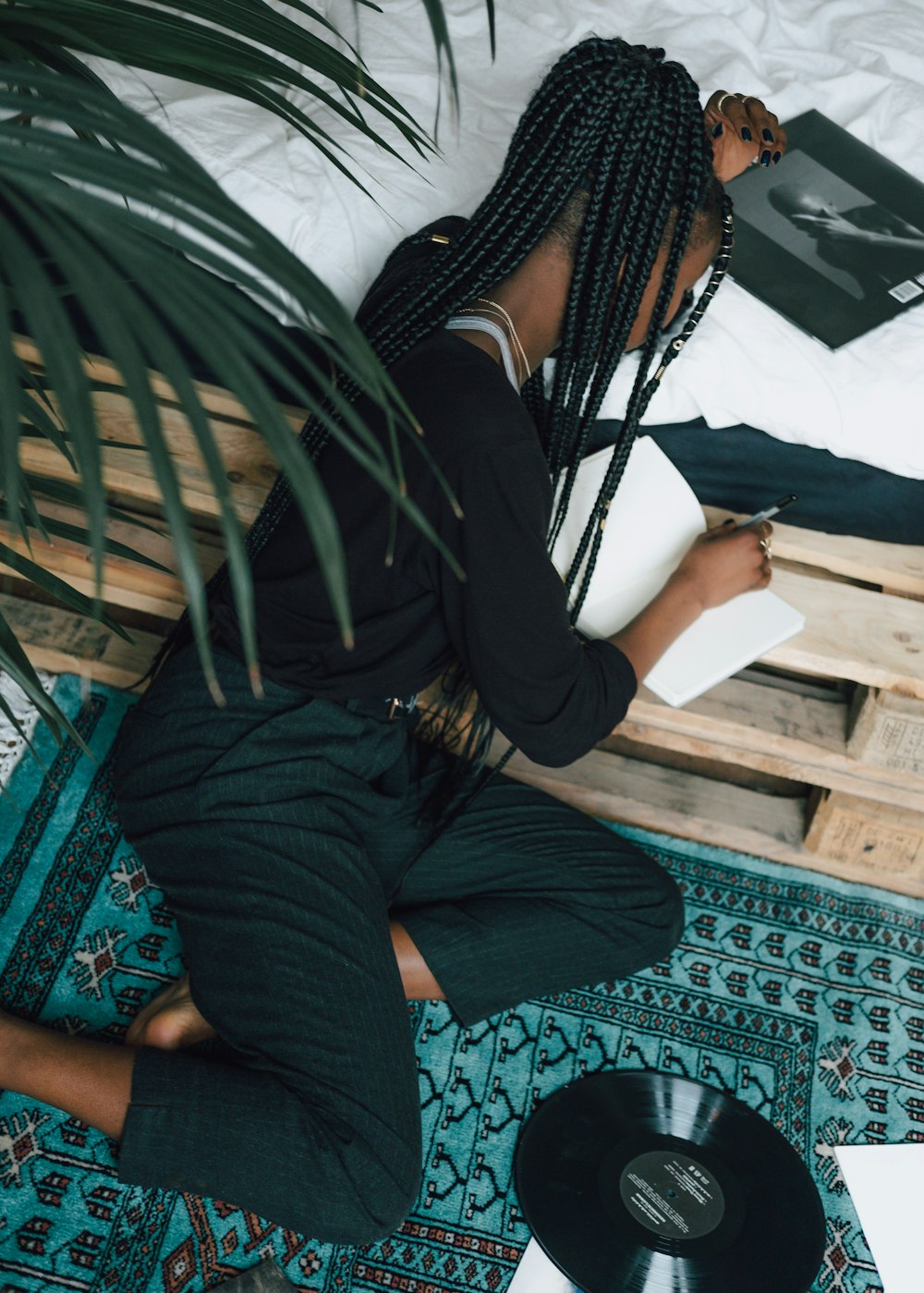 a woman sitting on a bench