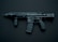 A modern black assault rifle with a flashlight attachment is displayed against a dark background. The weapon has a short barrel and a tactical design with various components including a magazine, grip, and stock.