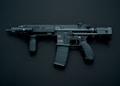 A modern black assault rifle with a flashlight attachment is displayed against a dark background. The weapon has a short barrel and a tactical design with various components including a magazine, grip, and stock.