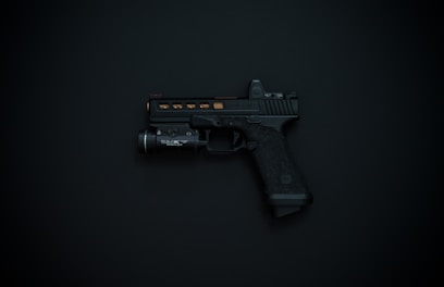 A sleek modern handgun displayed on a dark background.
