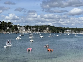 a group of boats are in the water