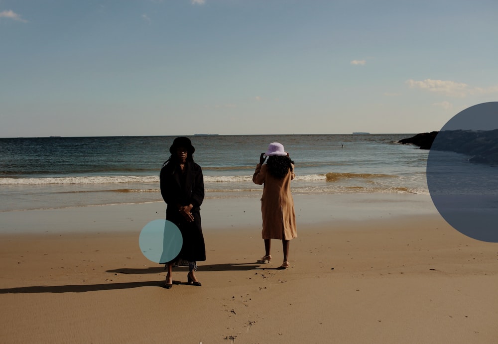 a couple of women walk on the beach