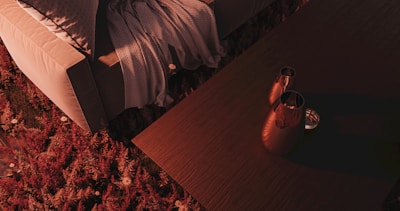 A cozy indoor setting with a beige sofa partially covered by a textured gray blanket. Next to the sofa is a wooden table holding two metal vases, casting soft shadows. The floor is covered in a thick, plush rug with a rich red and pink floral pattern, adding warmth and color to the scene.