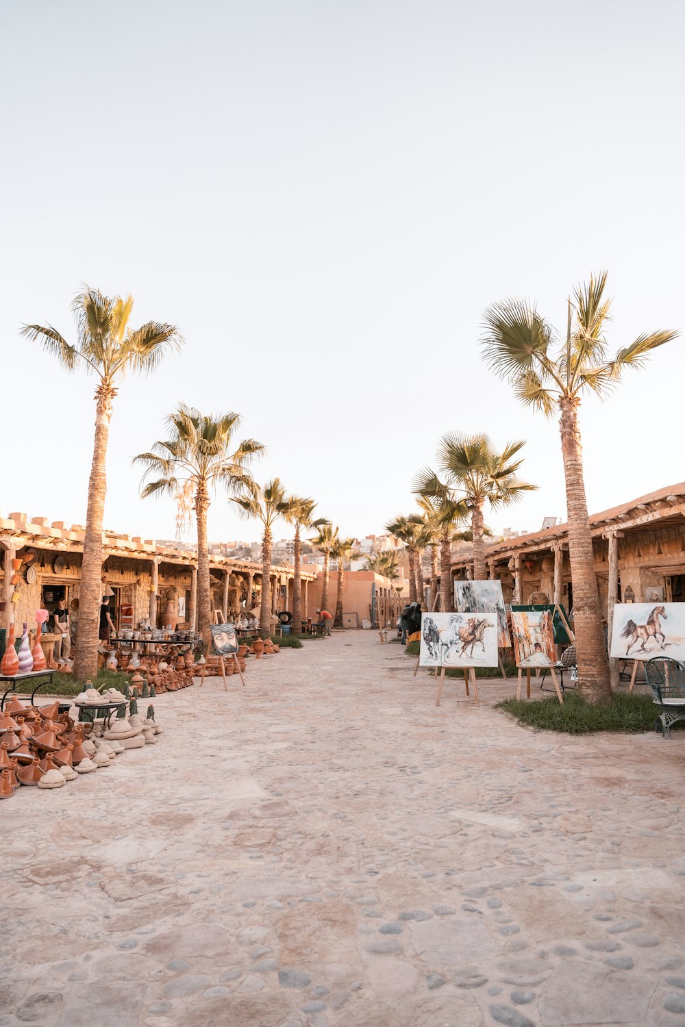 a beach with palm trees and tables