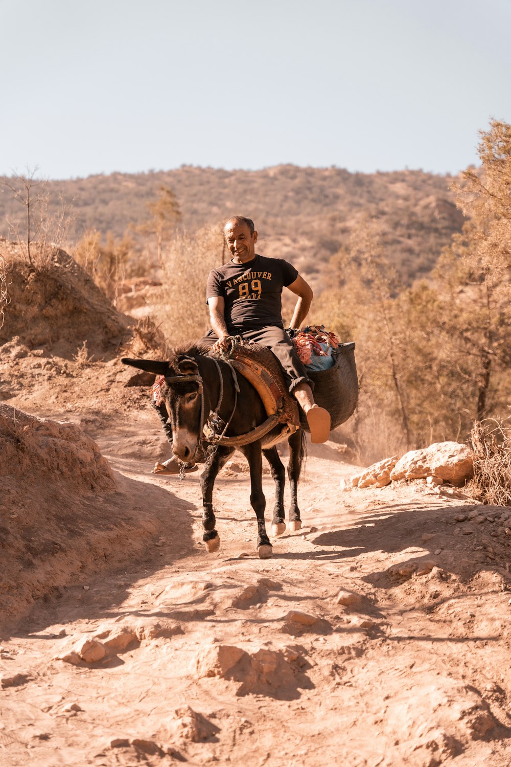 a man riding a donkey