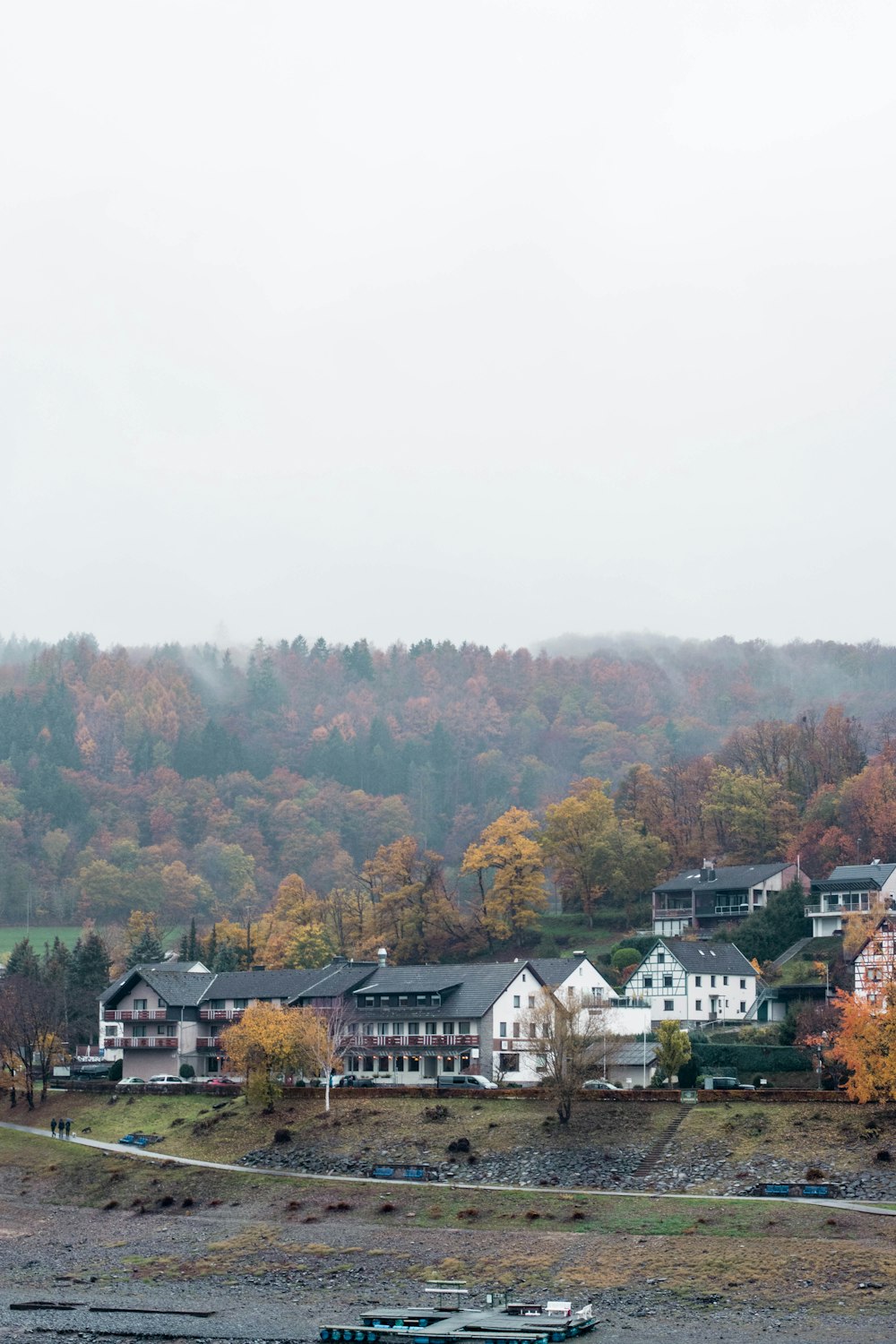 a group of houses with trees in the back