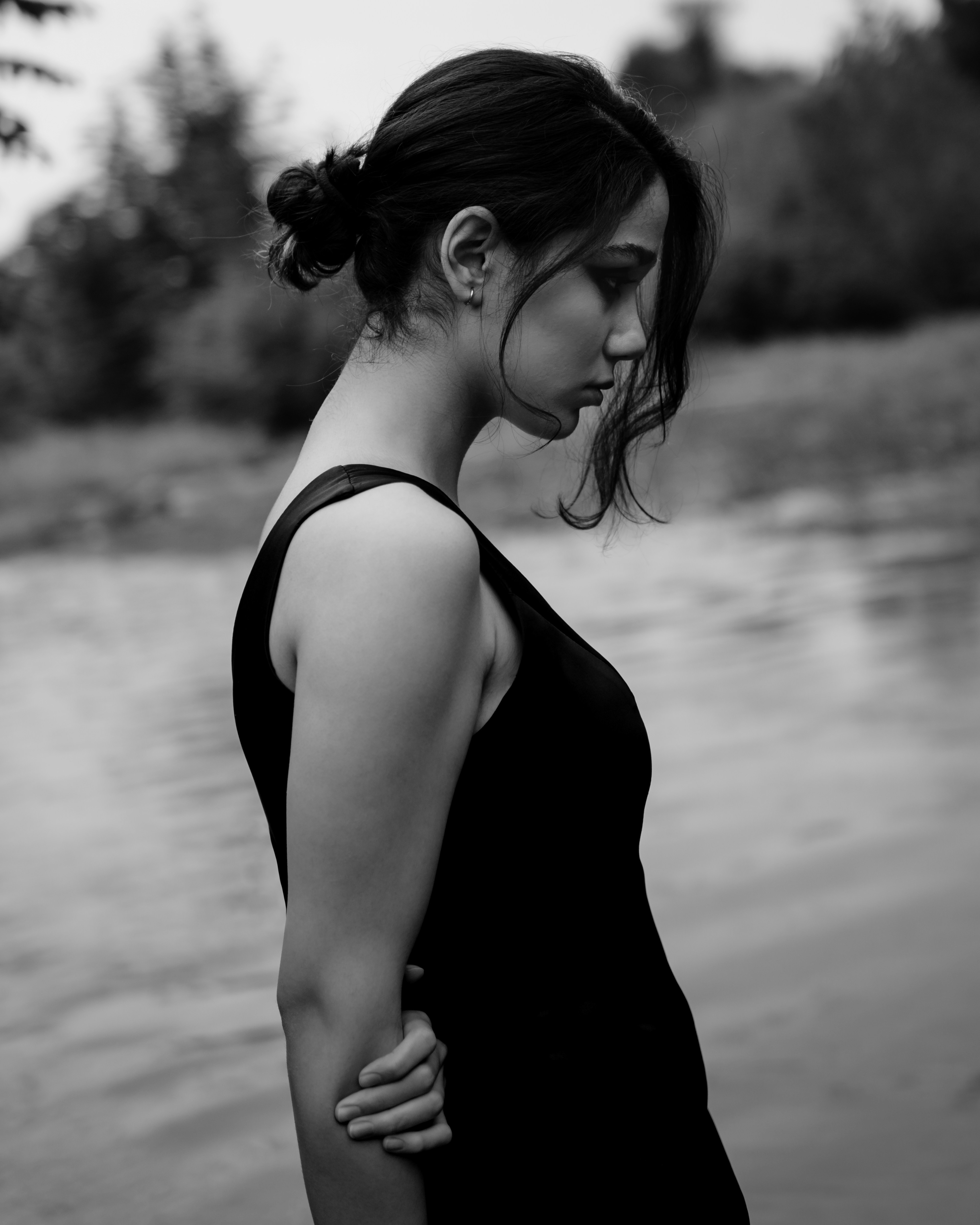 a woman in a black dress