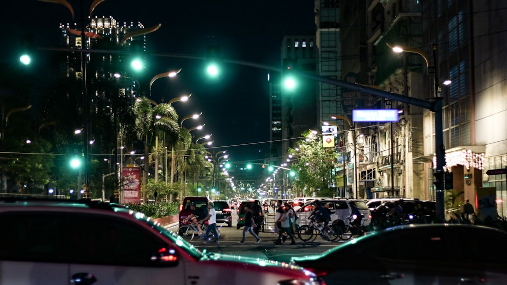 a busy street at night