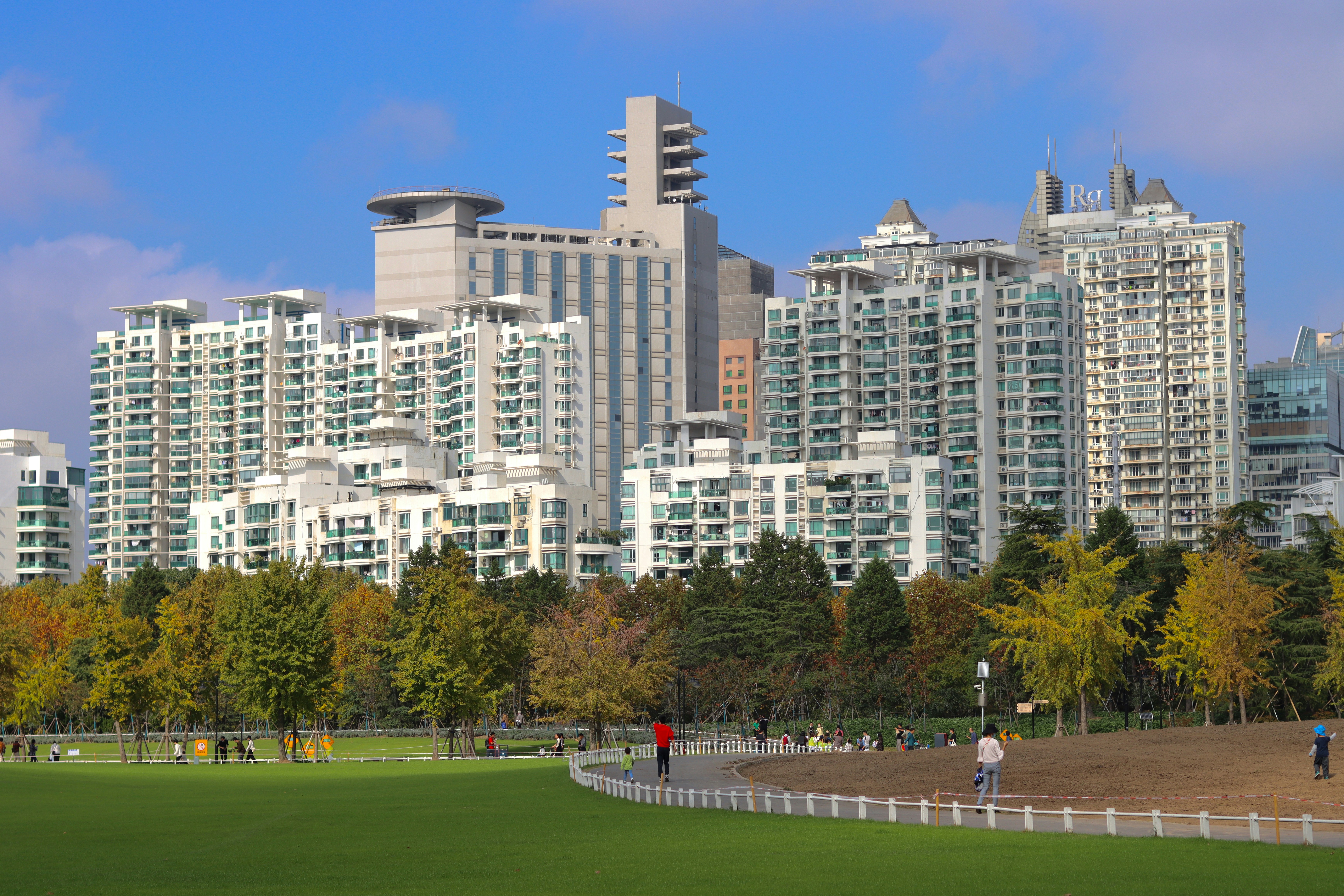a park with trees and buildings in the background