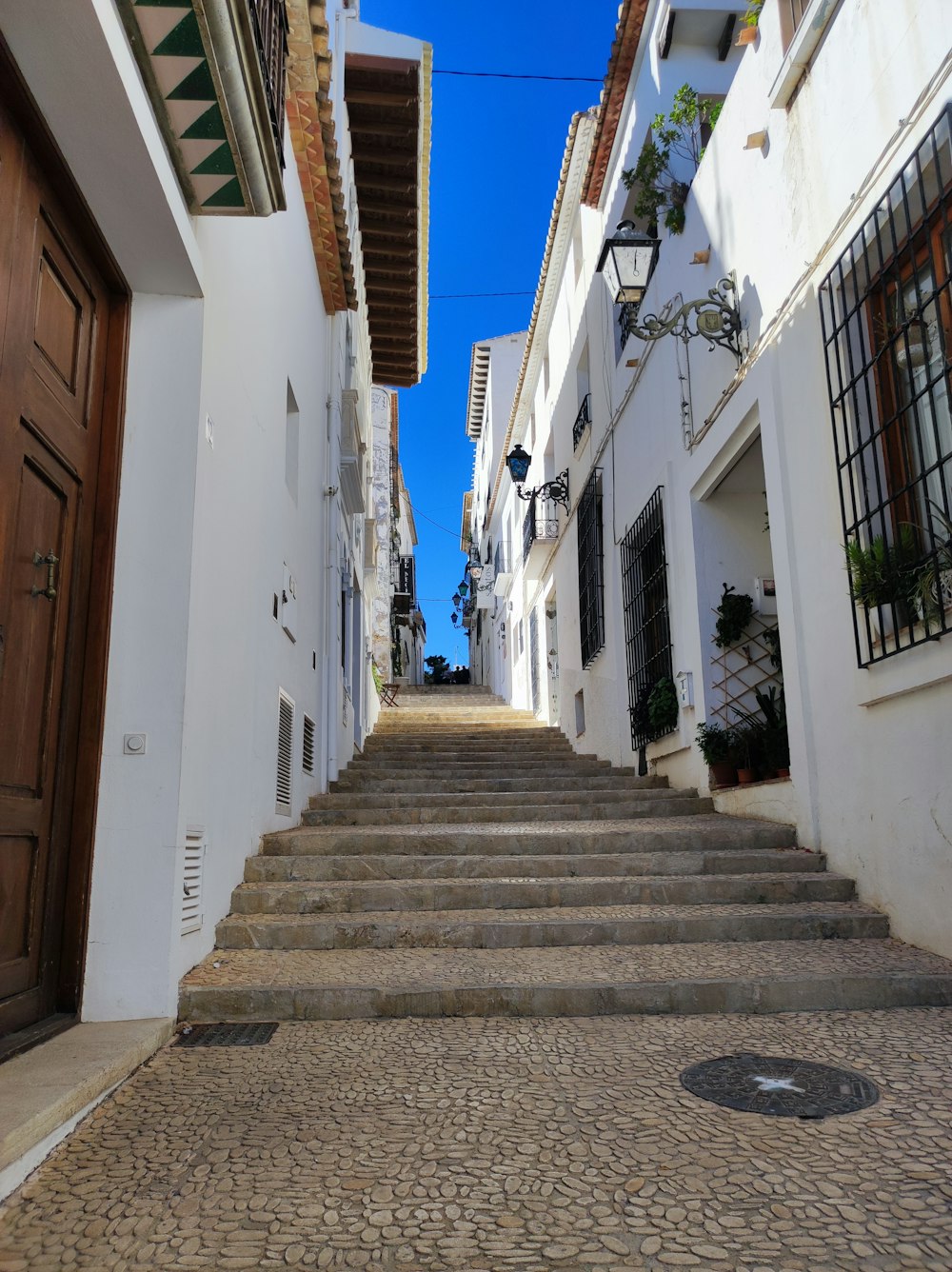 a stone staircase between buildings