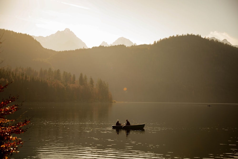 a group of people in a boat on a lake