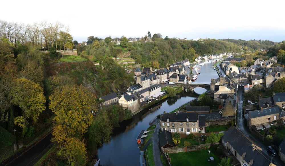 une rivière avec un pont et des bâtiments