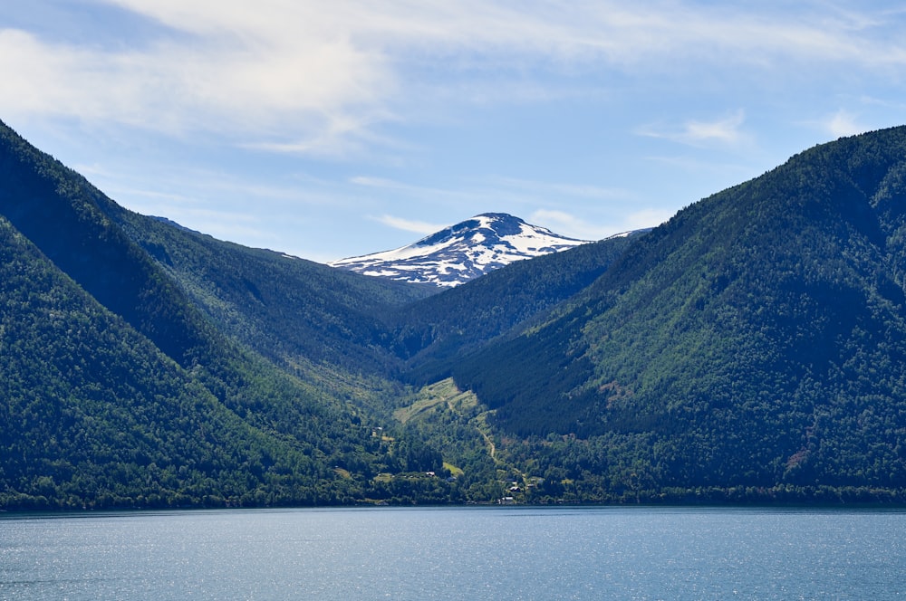 a body of water with mountains in the back