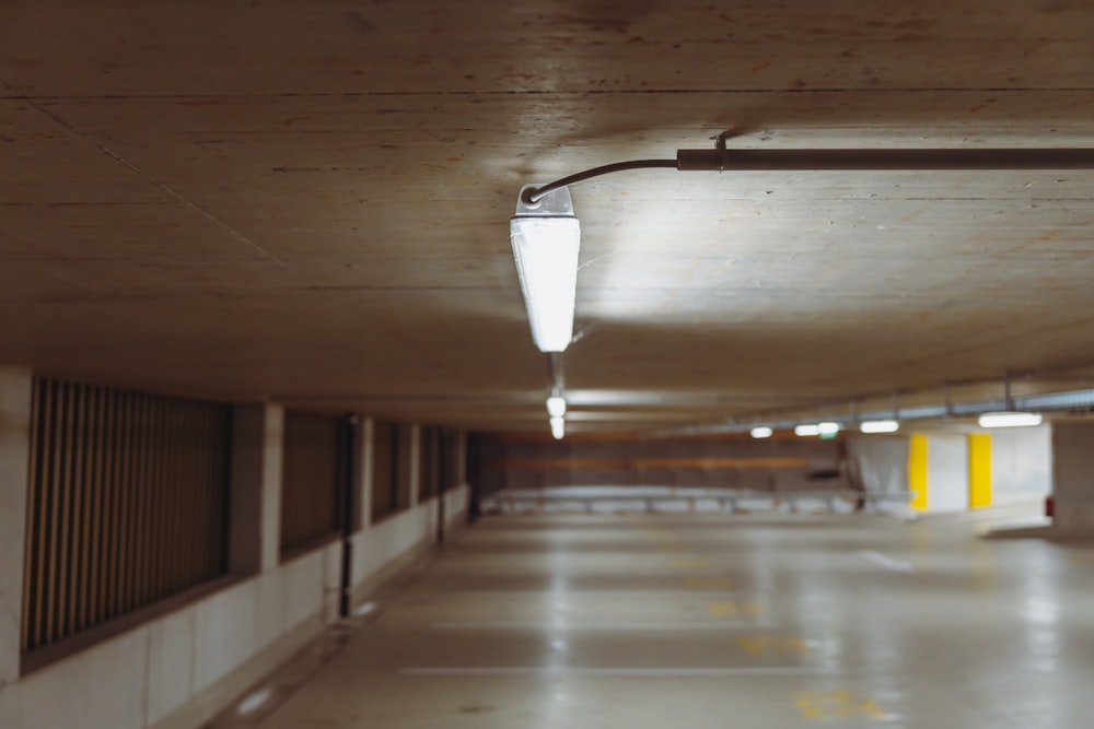 a long hallway with a light