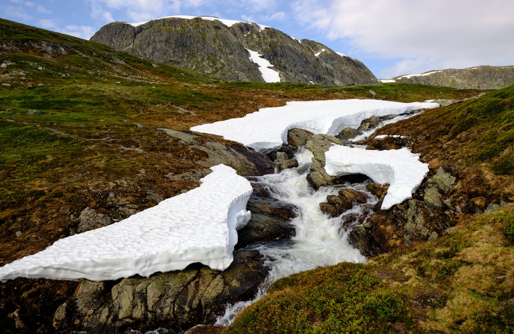 a stream of water running through a grassy area with mountains in the background