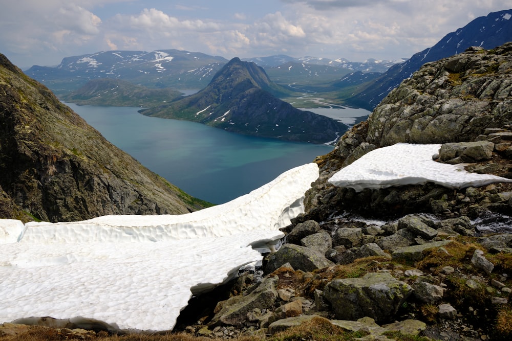 a lake surrounded by snow