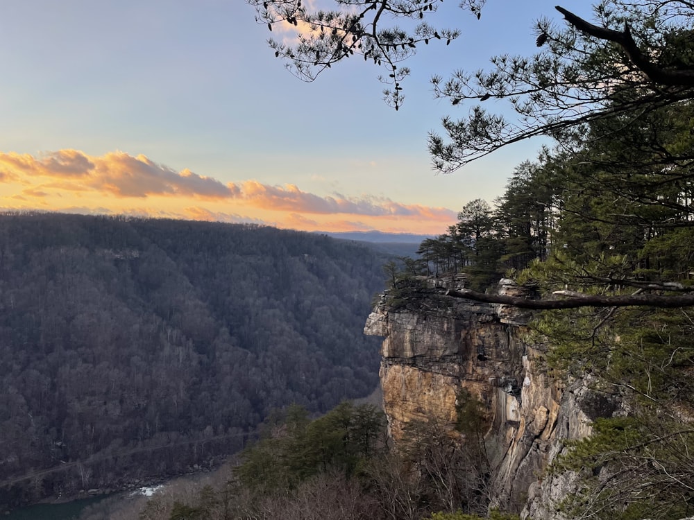 a cliff side with trees and a sunset