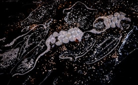 The image displays an abstract scene with shimmering reflections and clusters of circular, white shapes set against a dark background. The scene is characterized by intricate patterns, possibly created by light hitting textured surfaces, giving it a dynamic and layered appearance.