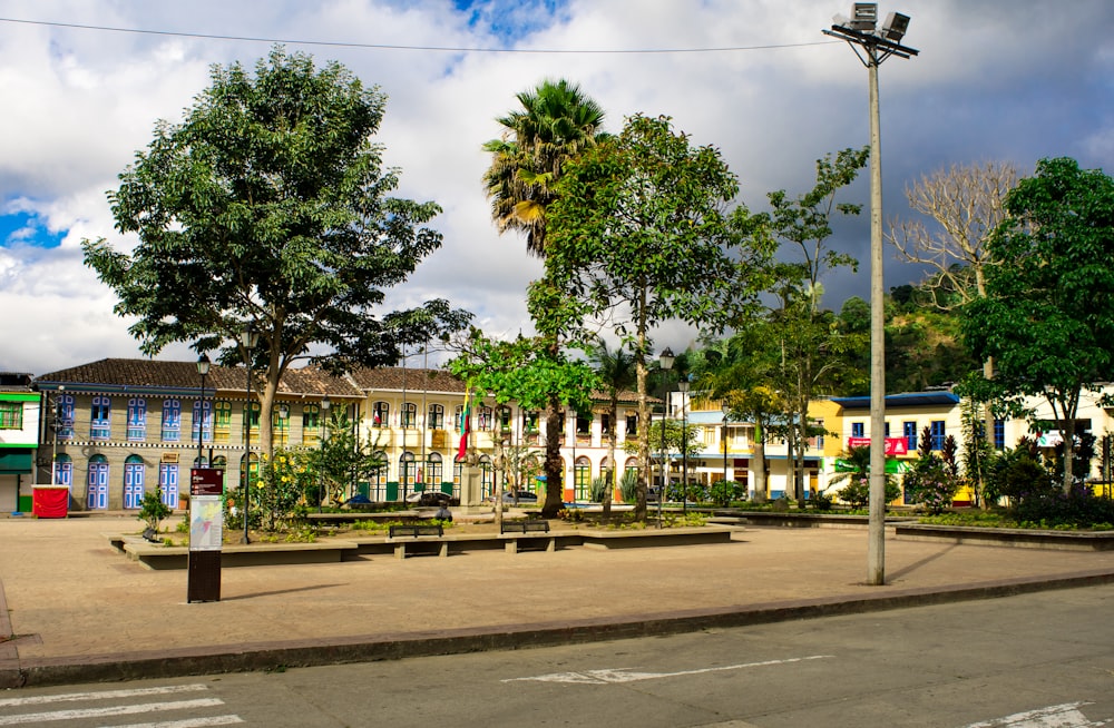 a street with trees and buildings