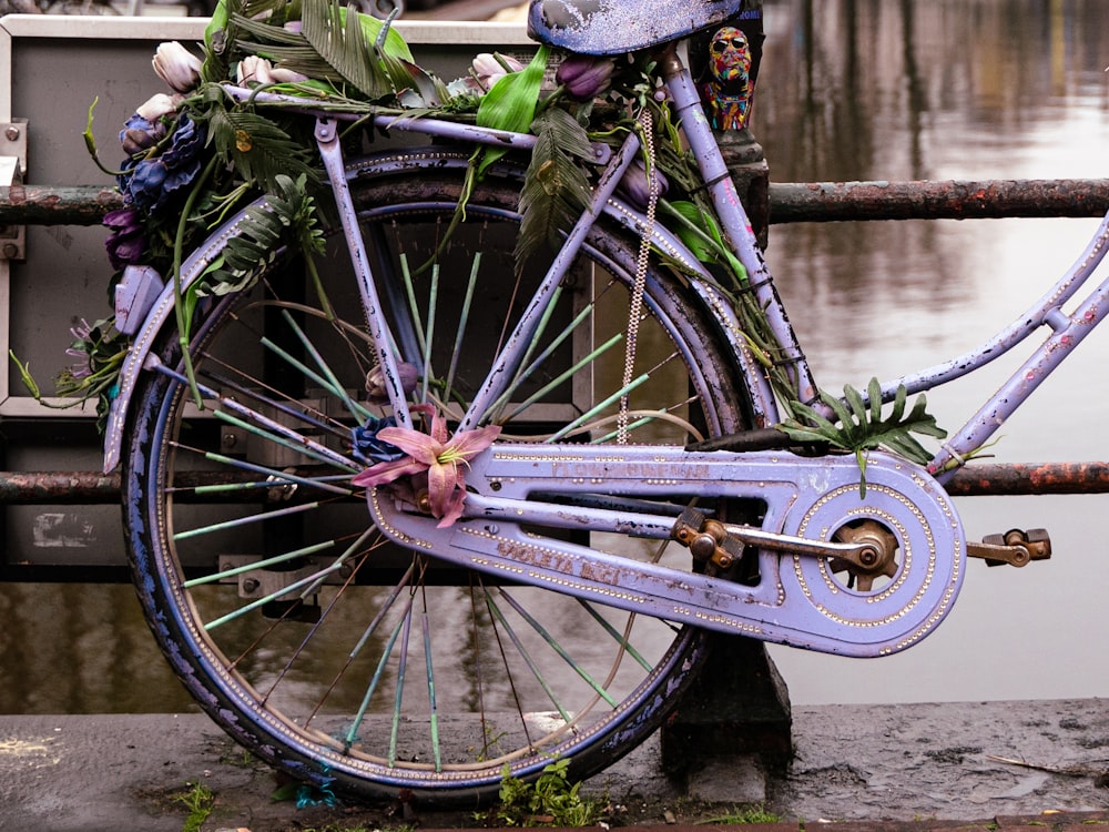 a bicycle with a basket on the front wheel
