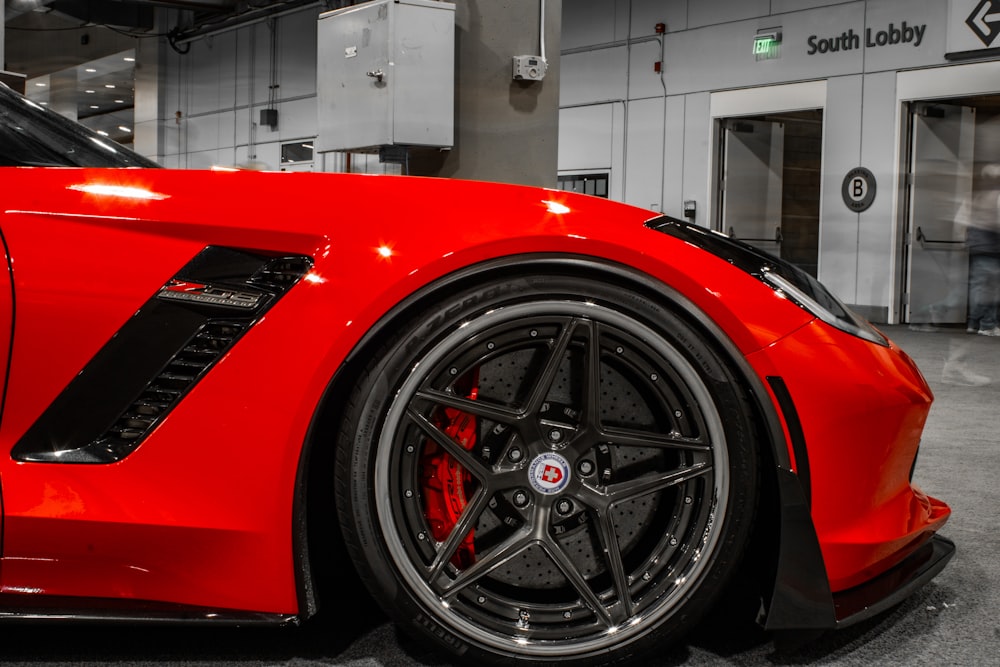 a red car in a building