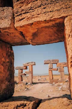Ancient stone structures arranged in a doorway-like formation stand amidst a barren landscape, with a clear blue sky overhead. The formations are made of large, weathered blocks, hinting at a historical or archaeological site.