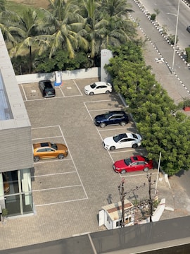 An aerial view of a parking lot with multiple cars parked in designated spaces. The lot is surrounded by palm trees and greenery, with a paved road running alongside. Cars of different colors, including white, red, blue, and orange, are visible. A building with glass windows is adjacent to the parking area.