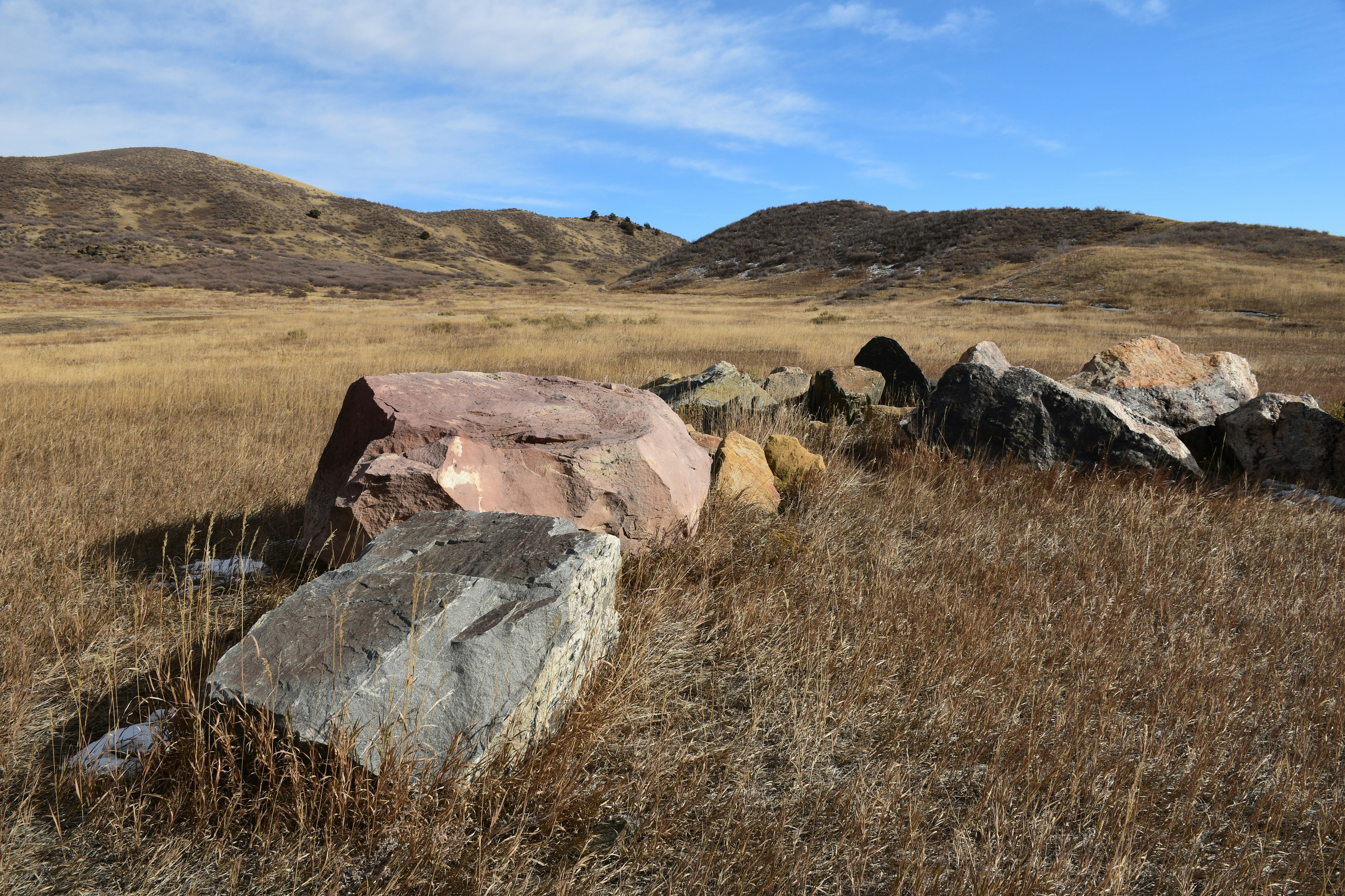 Eine Gruppe großer Felsen in einem grasbewachsenen Feld