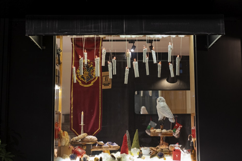 a window display with various items