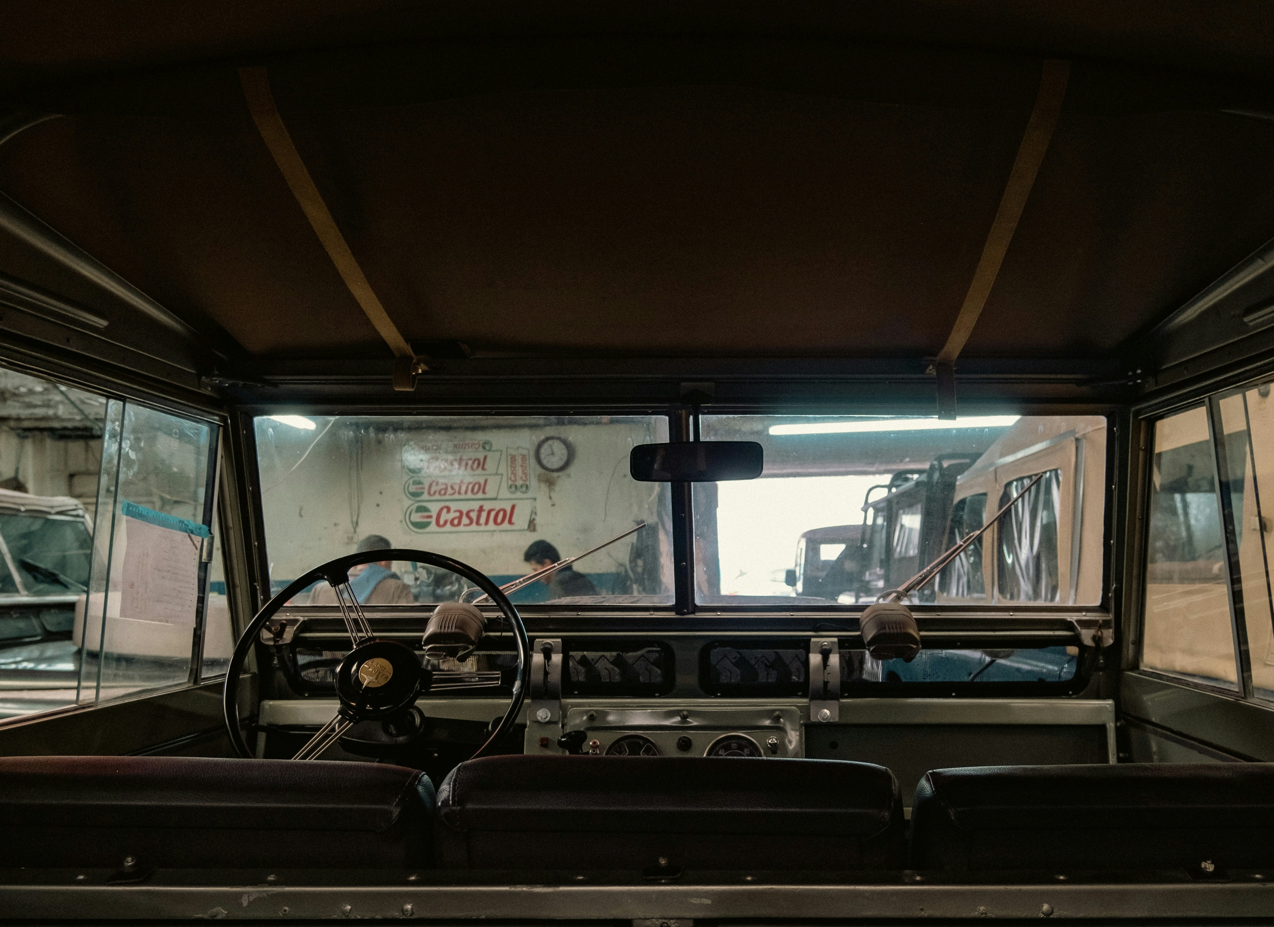 a bus with a large steering wheel