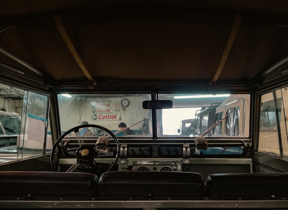 a bus with a large steering wheel