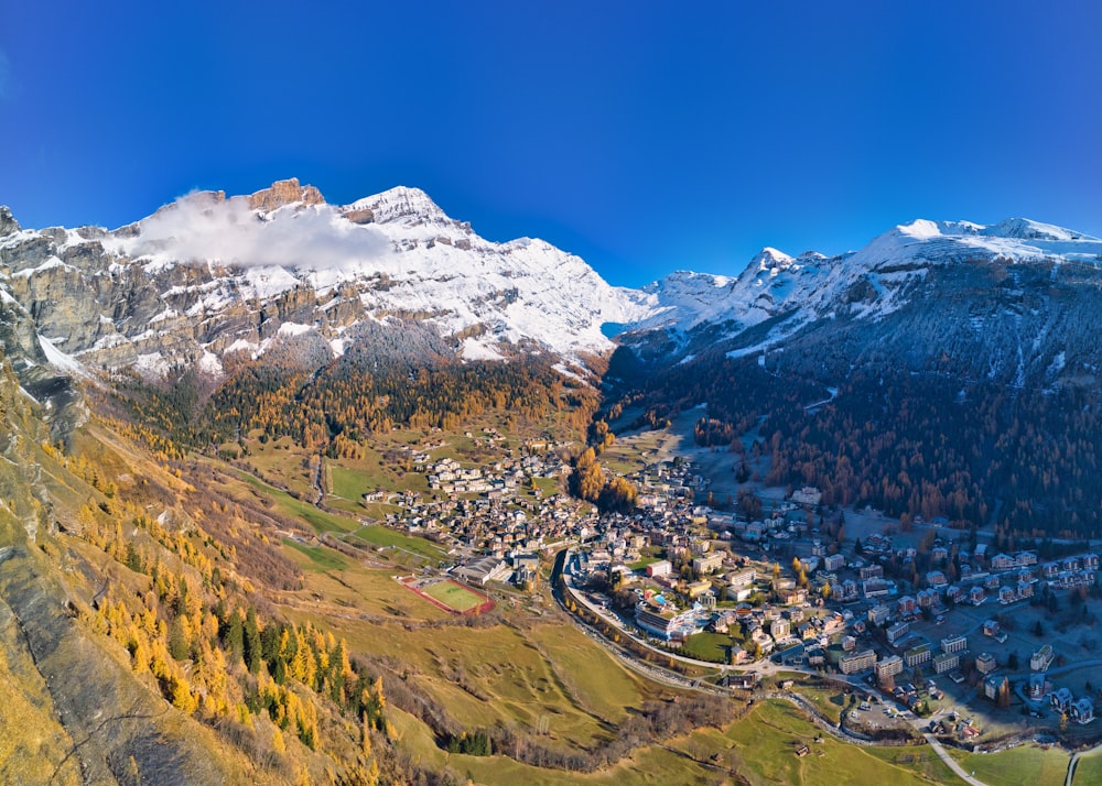 a valley with mountains and snow