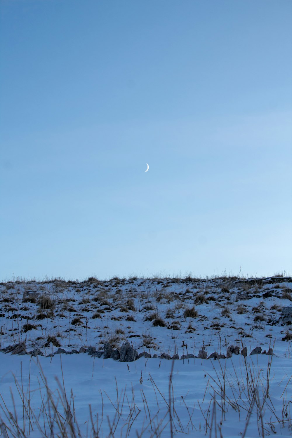 a field of snow with a blue sky