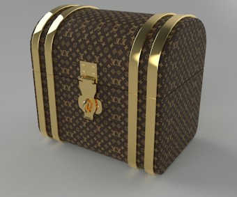 A luxury chest with a curved top, adorned with a recognizable brown and gold monogram pattern. The chest features gold-colored metal bands and a central lock, giving it an elegant and sophisticated look.